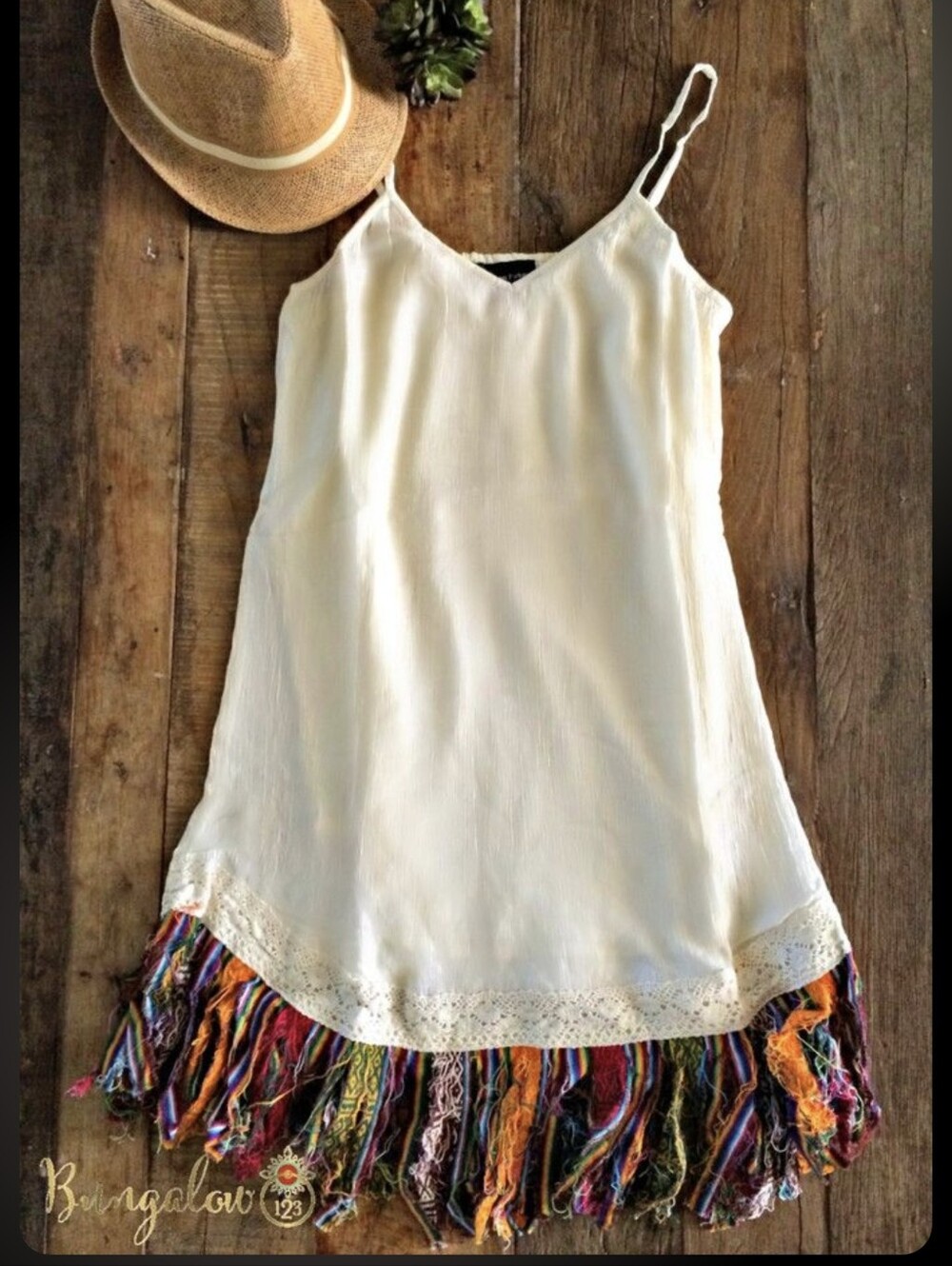 Fashion Fuse Ivory Gauze Fringe Mini Dress M Boho Crochet Hem Spaghetti Strap MD